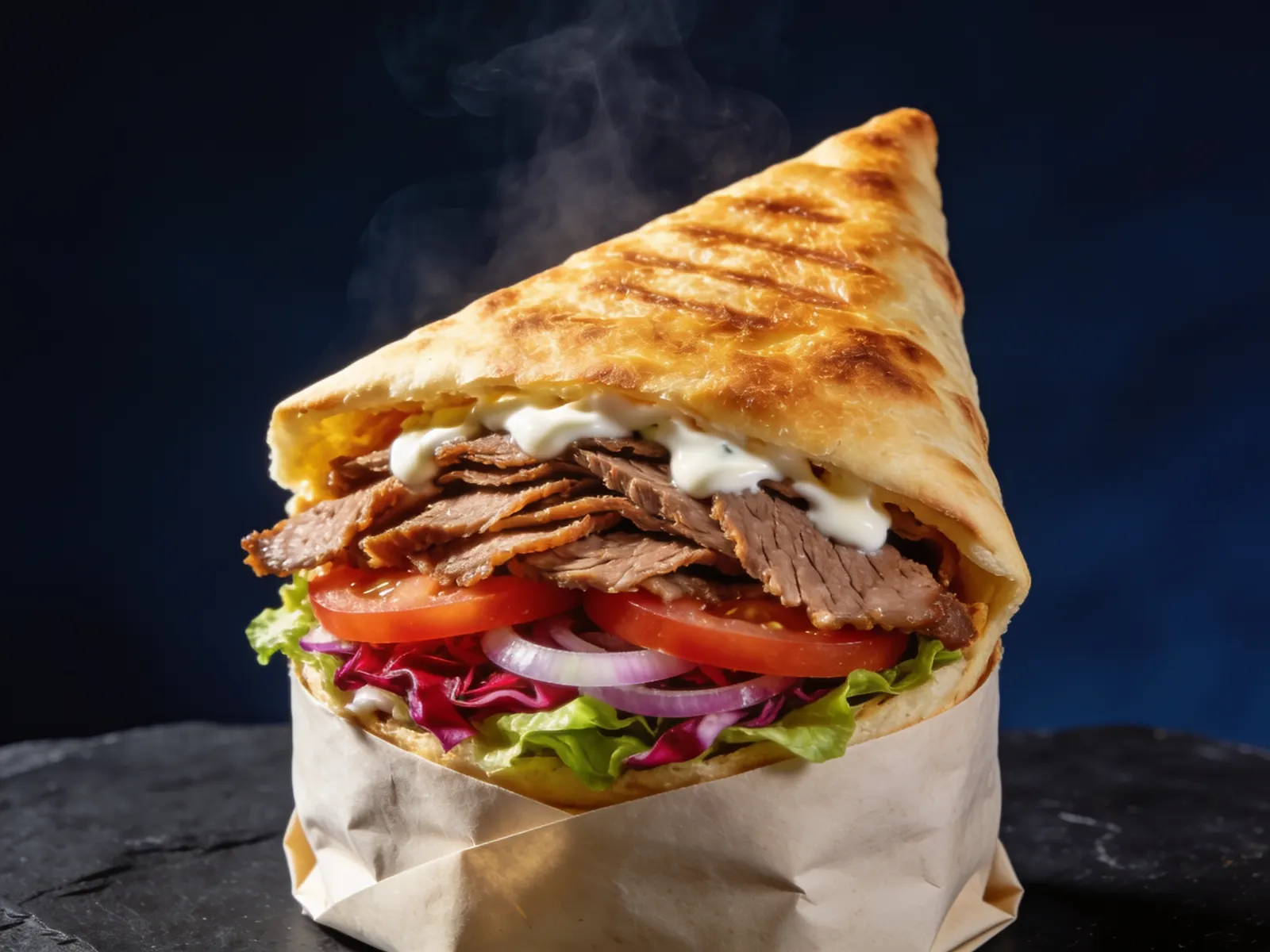 Döner im getoasteten Fladenbrot mit Kalbfleisch, Salat und Sauce