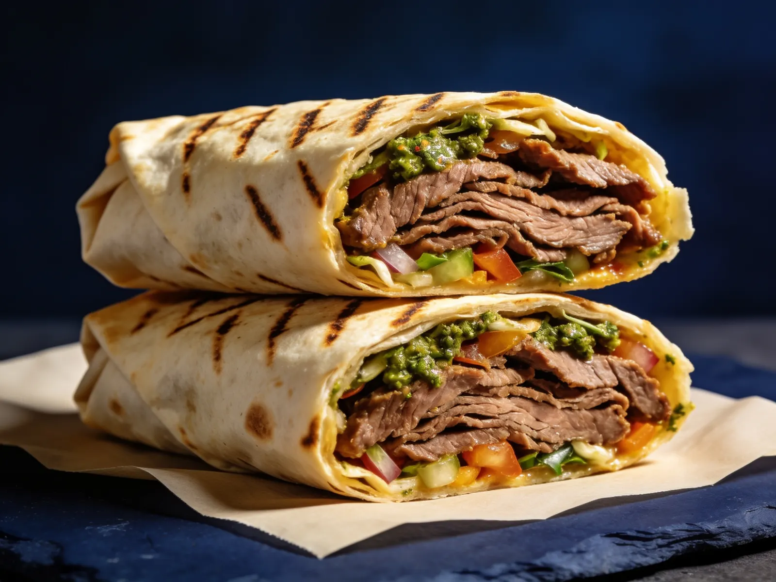 Aufgeschnittener Dürüm Döner mit Kalbfleisch und frischem Gemüse