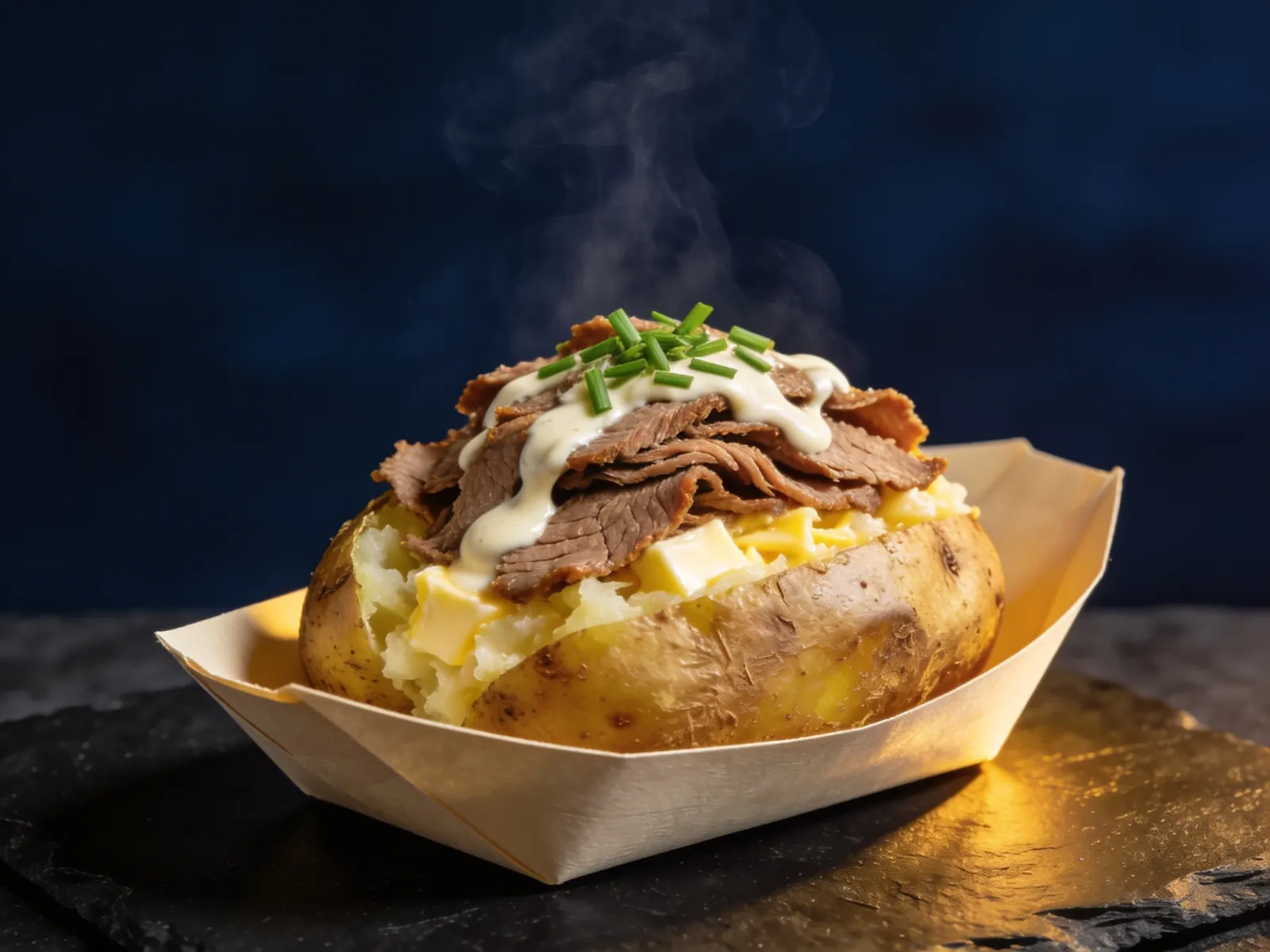 Döner Kumpir: Ofenkartoffel mit Kalbsdöner und Sauce