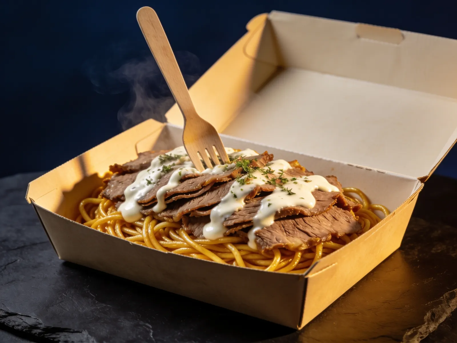 Spaghetti-Döner in der Box: Pasta unten, Kalbsdöner oben, Sauce drüber